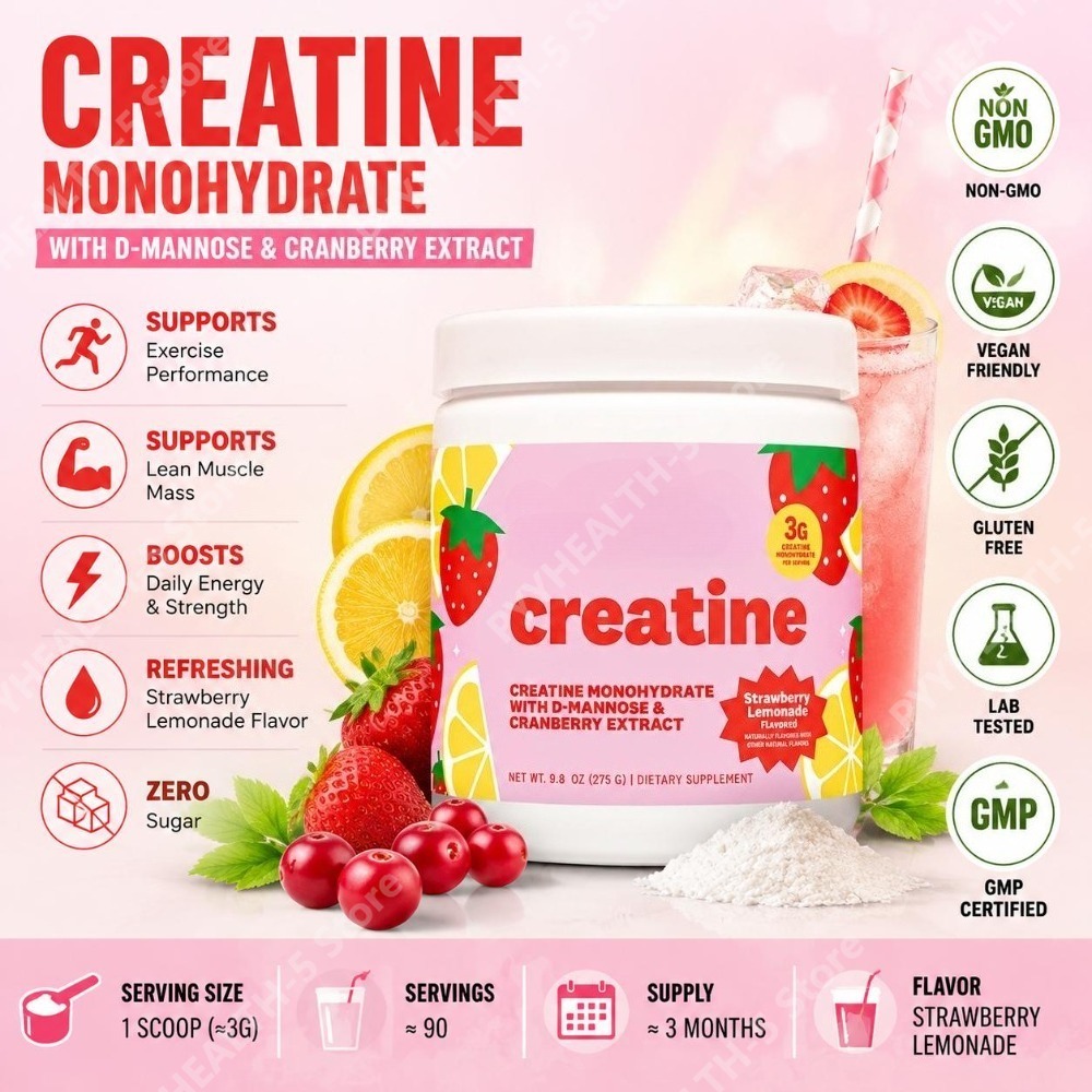 Creatine Monohydrate Powder - クレアチン一水和物パウダーサプリメント 3g入り ヴィーガンフォーミュラ ストロベリーレモネード風味 砂糖不使用 アクティブなライフスタイルに