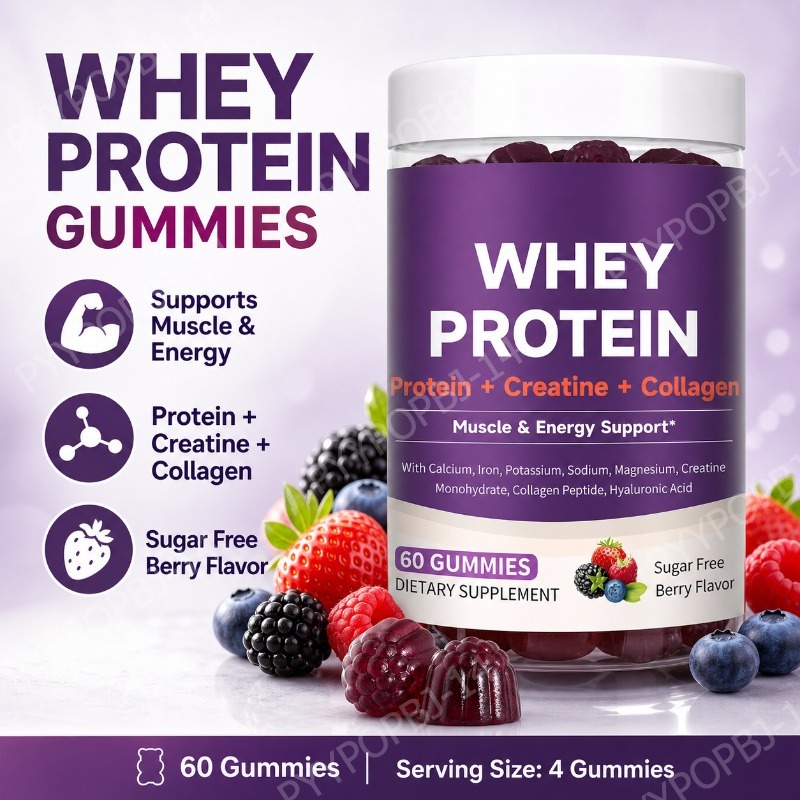 Fitness Nutrition Whey - プロテイングミ（ホエイ、クレアチン、コラーゲン配合）12gプロテイン、筋肉サポート、エネルギー補給、砂糖不使用、フィットネスサプリメント、60粒入り